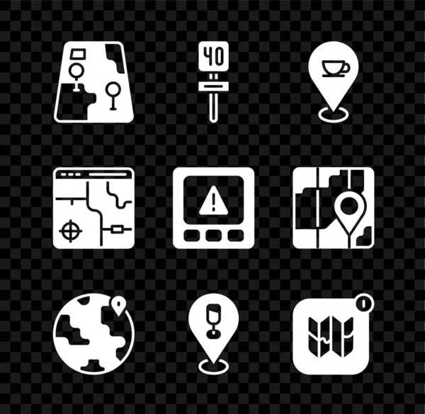 Set City map navigation, Road traffic sign, Location with coffee cup, the globe, Alcohol or beer bar location, Infographic city, and Gps device error icon. Vector — 图库矢量图片