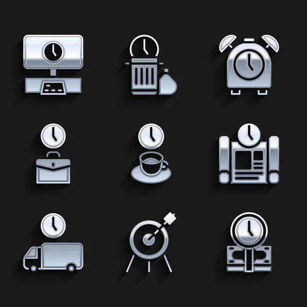 Set Coffee time, Target sport, Time is money, Project plan, Delivery, Work, Alarm clock and Smart Tv icon. Vector — Stockvektor