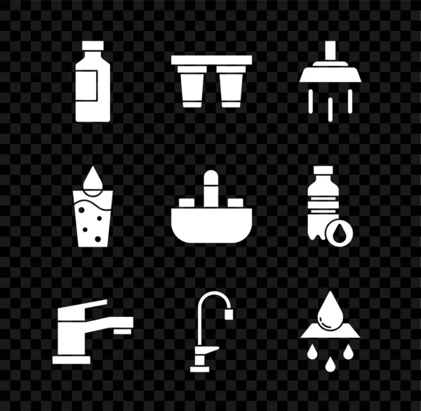 Set Bouteille d'eau, Filtre à eau, Douche, Robinet, Recycler aqua propre, Verre avec icône et lavabo. Vecteur — Image vectorielle