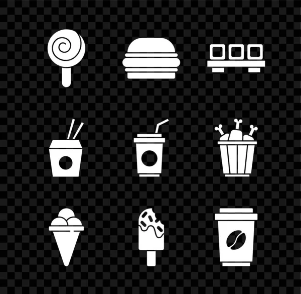Set Lollipop, Burger, Sushi op snijplank, Ice cream wafel kegel, Koffie kopje te gaan, Aziatische noedels en eetstokjes en Papier glas met stro pictogram. Vector — Stockvector