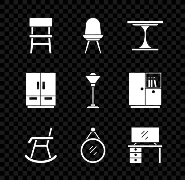 Set Chair, Round table, Armchair, Mirror, TV stand, Wardrobe and Floor lamp icon. Vector — 스톡 벡터