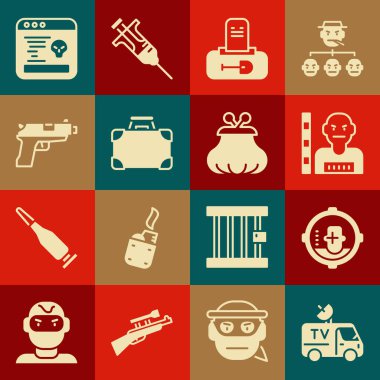 TV haber arabası, vesikalık, şüpheli suçlu mezar taşı, evrak çantası ve para, tabanca ya da silah, sistem böceği ve cüzdan ikonu. Vektör