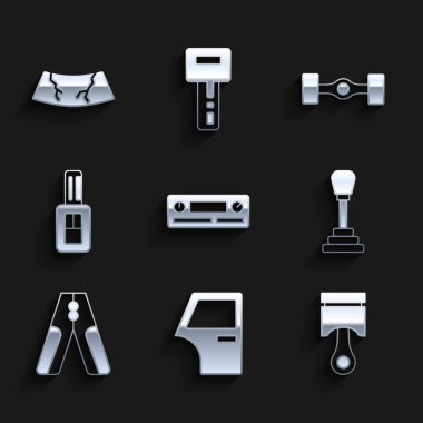 Araba sesi, kapı, motor pistonu, vites kolu, pilli güç kablosu, uzaktan kumandalı anahtar, Chassis arabası ve kırık ön cam simgesi. Vektör