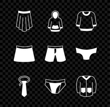 Etek, kapüşon, süveter, kravat, erkek iç çamaşırı ve kısa ya da ikon. Vektör