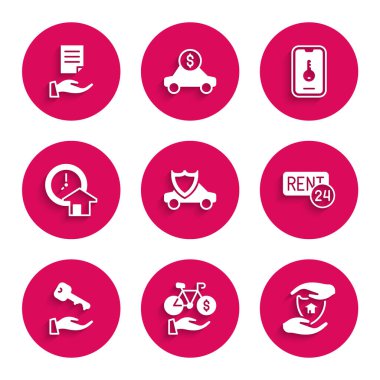 Rozetli araba, bisiklet kiralama mobil uygulaması, House, Rent, anahtar, zaman para, online emlak ve sözleşme ikonu. Vektör