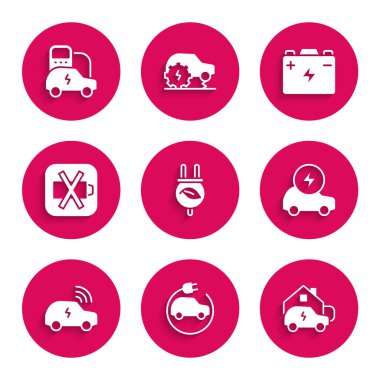 Elektrik tasarruf prizini yaprak, araba, şarj sistemi, akıllı sistem, düşük pil, araba ve simge olarak ayarla. Vektör