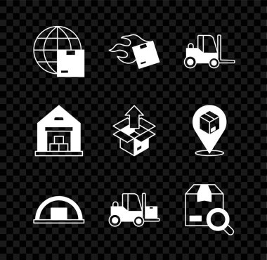 Dünya çapında sevkiyat, karton kutu, forklift, depo, arama paketi ve unbox simgesi ayarla. Vektör
