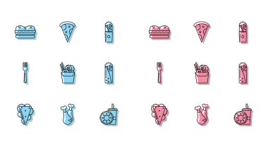 Çizgili sandviç, tavuk budu, saman çöreği içen kağıt bardak, Asya erişteli karton çubuk, Doner kebap, çatal ve dilim pizza ikonu. Vektör