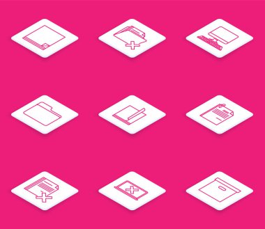 Satır Dosya belgesini ayarla, dizini sil, klavye, belge ve ataç, dosya ve dizüstü bilgisayar işaretli ekran simgesini içeren bilgisayar monitörünü sil. Vektör