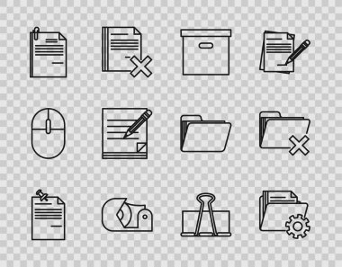 İğnelenmiş basma düğmesi, Dizin ayarları dişlileri, Karton karton kutusu, Scotch, Dosya dökümanı ve klipsi, Boş not defteri silgisi, Binder ve Sil klasörü simgesi ile satır Not kağıdı ayarla. Vektör