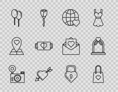 Fotoğraf makinesi, kalbi olan alışveriş torbası dünya aşkı, Amour sembolü ve oku, Balon kurdelesi, iki kahve fincanı, Castle şekli ve düğün kemeri ikonu. Vektör