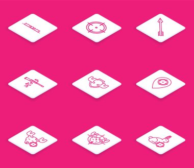 Hat avı, atış müsabakaları için hedef alma sporu, Hipster oku, Gun, Geyik boynuzu kalkanı, av yeri, hedefli geyik ve ikon. Vektör