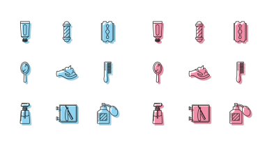 Hat kremi ya da losyon kozmetik tüpü tıraş bıçağı, tıraş losyonu tıraş köpüğü, saç fırçası, el aynası ve klasik direk ikonu olan berber dükkanı. Vektör