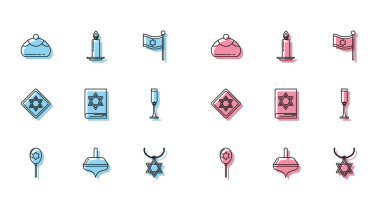 Çizgili Balonlar, David 'in yıldızı, Hanukkah dreidel, Yahudi pastanesi, Star David kolye zinciri, torah kitabı, kadehler ve yanan mum şamdan ikonu. Vektör