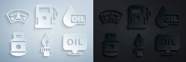 Definir equipamento de óleo com fogo, gota, tanque de gás propano, óleo de palavra, posto de gasolina e ícone de bitola do motor. Vetor — Vetor de Stock
