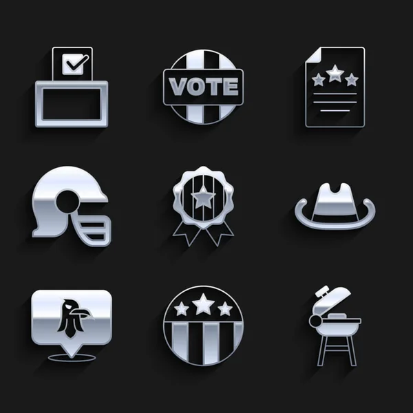 Set Medal with star, Barbecue grill, Western cowboy hat, Eagle, American football helmet, Declaration of independence and Vote box icon. Vector — Vettoriale Stock