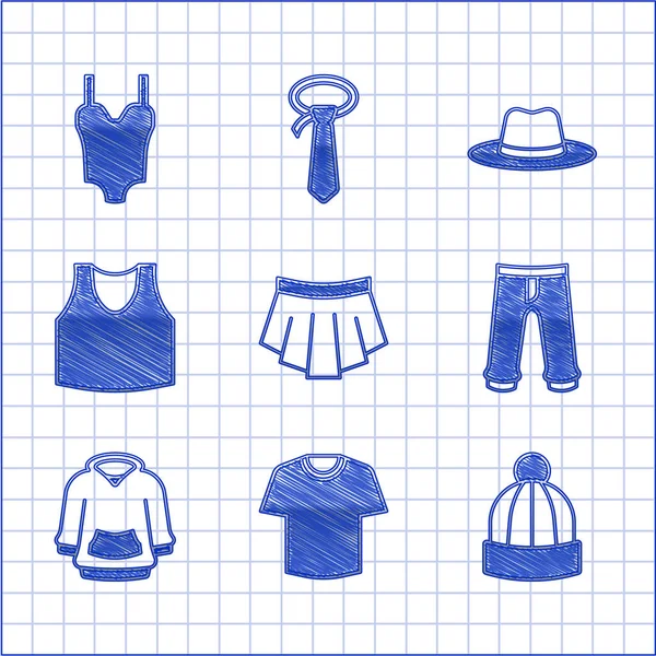 セットスカート、 Tシャツ、冬の帽子、パンツ、パーカー、下着、男と水着のアイコン。ベクトル — ストックベクタ