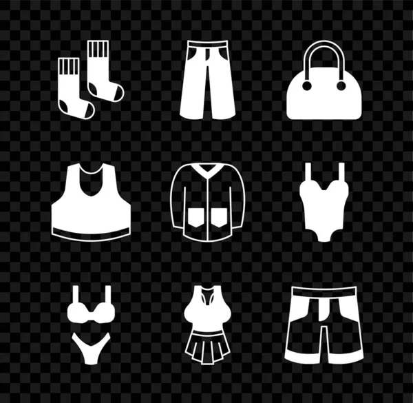 Set Socken, Hosen, Handtasche, Badeanzug, Unterhemd, Short oder Hose und Pullover-Symbol. Vektor — Stockvektor