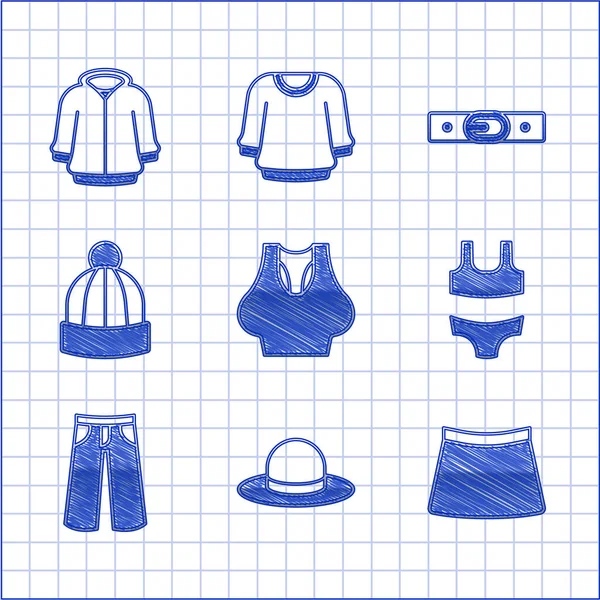下着、男の帽子、スカート、水着、パンツ、冬、ベルト、パーカーのアイコンを設定します。ベクトル — ストックベクタ