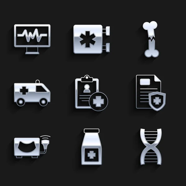 Set Patient record, Medicine bottle and pills, DNA symbol, Ultrasound, Ambulance car, Human broken bone and Monitor with cardiogram icon. Vector — стоковый вектор