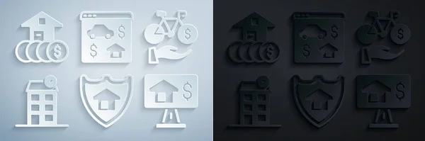 Set House with shield, Bicycle rental mobile app, Online real estate, and dollar icon. Vector — Vettoriale Stock