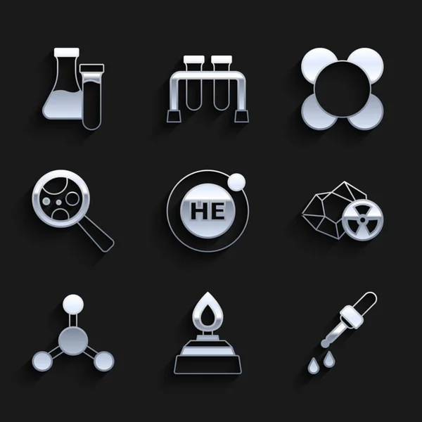 Helyum, Alkol veya Ruh Yakıcı, Pipette, Radyoaktif, Molekül, Mikroorganizmaları büyüteç altında ve Test tüpü simgesi altında ayarla. Vektör — Stok Vektör