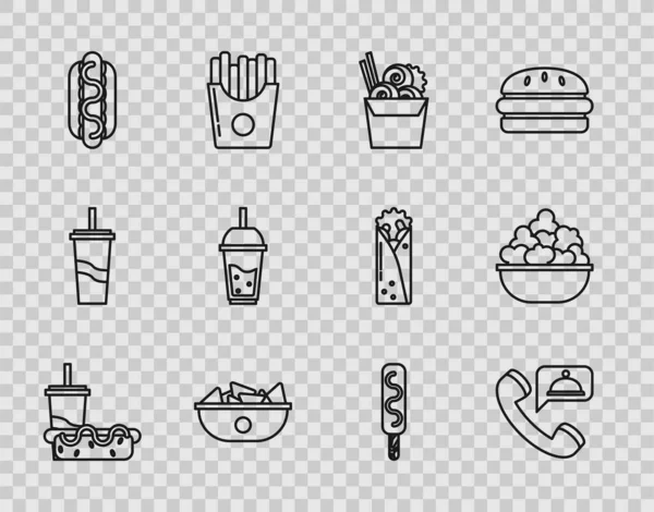 Set line Papier glas met drinkstro en hotdog, Aziatische noedels papieren doos eetstokjes, Nachos bord, Hotdog sandwich mosterd, Glas limonade, IJs en Popcorn bowl icoon. Vector — Stockvector