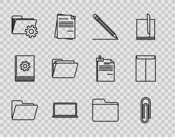 Ustaw linię Folder dokumentu, Spinacz, Ołówek z gumką i linia, Laptop, Ustawienia folderu biegów i ikona koperty. Wektor — Wektor stockowy