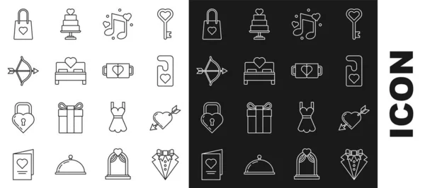 Set line Suit, Amour symbol with heart and arrow, Please do not disturb, Music note, tone hearts, Bedroom, Bow, Shopping bag and Two coffee cup icon. Vector — Vetor de Stock