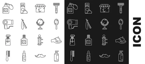 Set line Cream or lotion cosmetic tube, Shaving gel foam hand, Hand mirror, Barbershop building, Straight razor, Hair dryer, Aftershave and icon. Vector —  Vetores de Stock