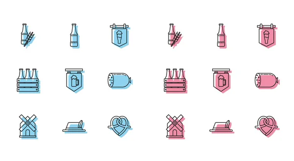 Yel değirmeni, Oktoberfest şapkası, bira şişesi, simit, bir bardak biralı sokak tabelası, salam sosisi, paket şişeleri ve ikon. Vektör — Stok Vektör