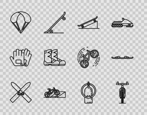 Set line Ski en sticks, Fiets, Skateboard op straathelling, Parachute, Boots, Aqualung en Snowboard icoon. Vector — Stockvector