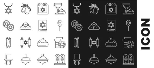 Set line Tombstone with star of david, Jewish coin, Balloons ribbon, calendar, sweet bakery, Star David necklace chain and torah book icon. Vector — Vetor de Stock