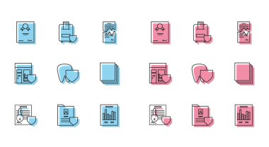 Kalkanlı anahtar, sertifika şablonu, grafik şeması, Diş, Temiz kağıt, Alışveriş binası ve seyahat sigortası ikonu ile satır belgesi ayarla. Vektör