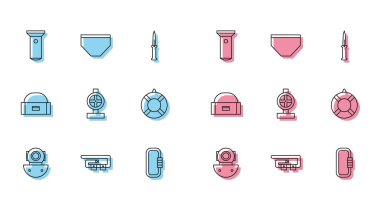 Aqualung hattı, dalış kemeri, el feneri, karabina, endüstriyel metalik borular ve valf, Lifebuoy, sallanan ve yüzen şort ikonu için kutu kutusu. Vektör