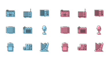 Satır Gitar Pedalı, Stereo hoparlörü, DJ uzaktan kumandası müzik çalmak ve karıştırmak için, Harp, Bateri Makinesi, Mikrofon, müzik enstrümanı akordeonu ve anten ikonu ile Radyo. Vektör