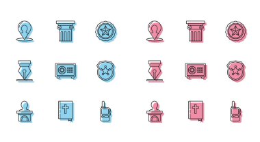 Sahne tezgahı ya da münazara kürsüsü, kutsal İncil kitabı, siluetli harita, telsiz, kasa, polis rozeti, dolmakalem ucu ve hukuk sütununun simgesi. Vektör