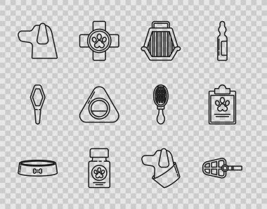 Pet yemek kasesi, köpek ağızlığı, çanta, ilaç şişesi ve haplar, yatak ve klinik kayıt ikonu olan bir pano. Vektör