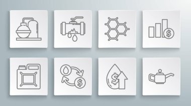 Benzin, dönüşüm, fiyat artışı, motor yağı, benzen halkalarından oluşan kimyasal formül, turta grafiği, dolar ve endüstriyel fabrika inşa ikonu. Vektör