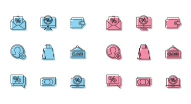 Satır İndirim yüzde etiketi, Yığın kağıt para nakit, Faiz indirimli Zarf ve dizüstü bilgisayar, Kağıt alışveriş torbası, Asma işareti, Hesap Ekranı Oluştur ve Simge İzle. Vektör