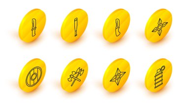 El bombası, Japon ninja shuriken, çapraz ortaçağ baltaları, yuvarlak tahta kalkan, askeri bıçak, beysbol sopası ve ikon. Vektör