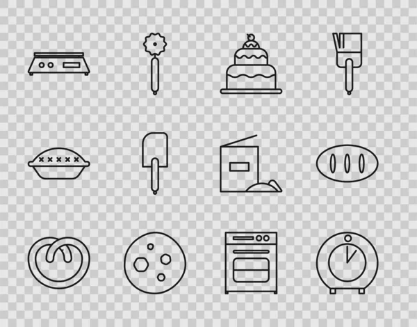 Set line Pretzel, Kitchen timer, Cake, Cookie or biscuit with chocolate, Electronic scales, Spatula, Oven and Bread loaf icon. Vector — Vettoriale Stock