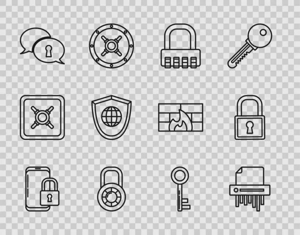 Akıllı telefon, kapalı asma kilit, kağıt öğütücü gizliliği, güvenli kombinasyon, tekerlek, kişisel verilerin korunması, Kalkan dünyası küresi, Anahtar ve Kilit simgesi. Vektör