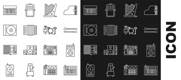 Set line Music synthesizer, MP3 player, Drum sticks, Harp, Musical instrument accordion, CD DVD disk, and Drums icon. Vector — Vettoriale Stock
