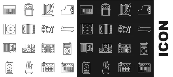 Set line Musik-Synthesizer, MP3-Player, Schlagzeug-Sticks, Harfe, Musikinstrument Akkordeon, CD-DVD und Schlagzeug-Symbol. Vektor — Stockvektor