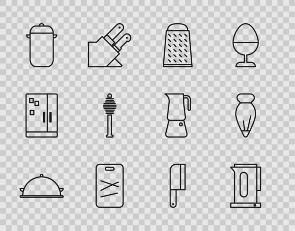 Set line Covered with a tray of food, Kettle handle, Grater, Cutting board, Cooking pot, Honey dipper stick, Meat chopper and Pastry bag for decorate cakes icon. Vector —  Vetores de Stock