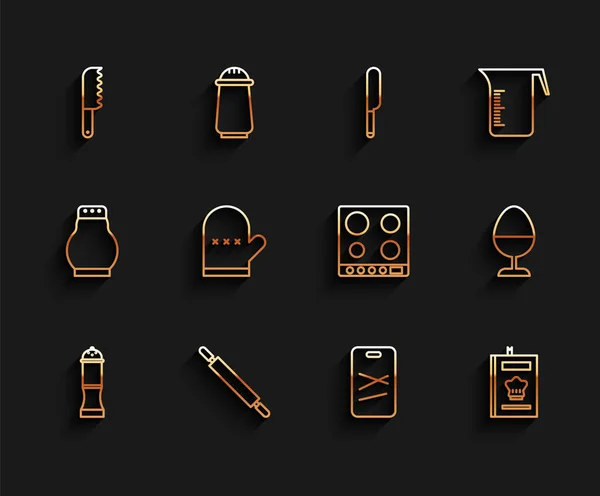 Set line Pepper, Rolling pin, Bread knife, Cutting board, Cookbook, Oven glove, Chicken egg on stand and Gas stove icon. Vector — Stockvektor