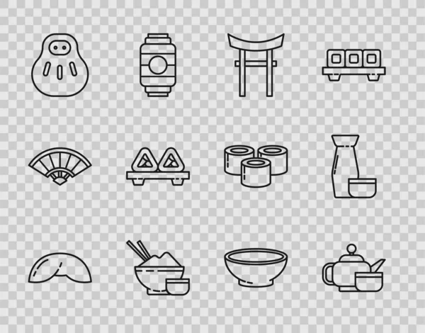 Set line Galleta de la fortuna china, ceremonia del té japonés, Puerta, Arroz bowl con palillo, Maneki neko cat, Sushi tabla de cortar, Tazón de sopa caliente e icono tradicional. Vector — Archivo Imágenes Vectoriales