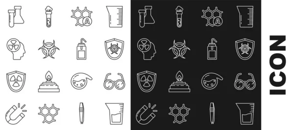 Встановіть лінію Лабораторний скляний посуд або склянки, окуляри, біогазовий символ на щиті, хімічну формулу, людську голову та випромінювання, пляшку з пробіркою хімічною та миючою пляшкою. Векторні — стоковий вектор