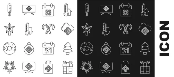 Встановіть лінію Подарункова коробка, Різдвяна ялинка, Хмара зі снігом, Календар, Вимірювання термометра метеорології, зірка і цукерки тростини значок. Векторні — стоковий вектор